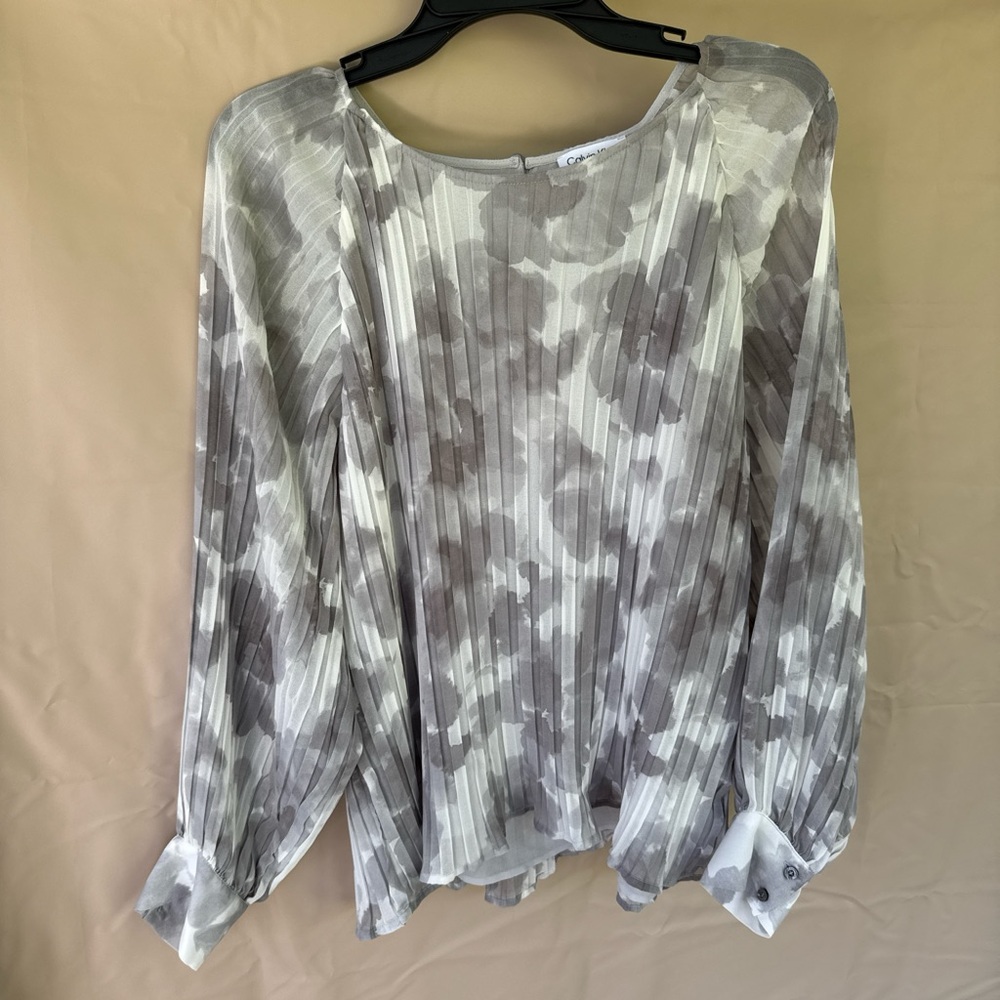 Calvin Klein Gray and White Pleated Floral Blouse
